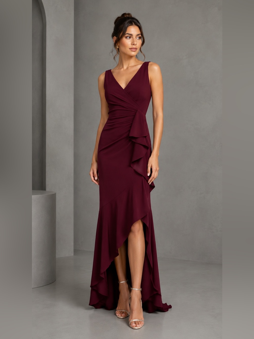 BETSY & ADAM CANDACE" LONG V- NECK HI LOW CASCADE DRESS SIZE 8 B2503
